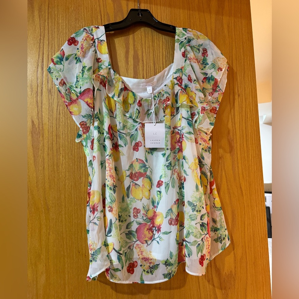 NWT: LC Lauren Conrad Multicolor Market Blooms Floral/Fruit Blouse